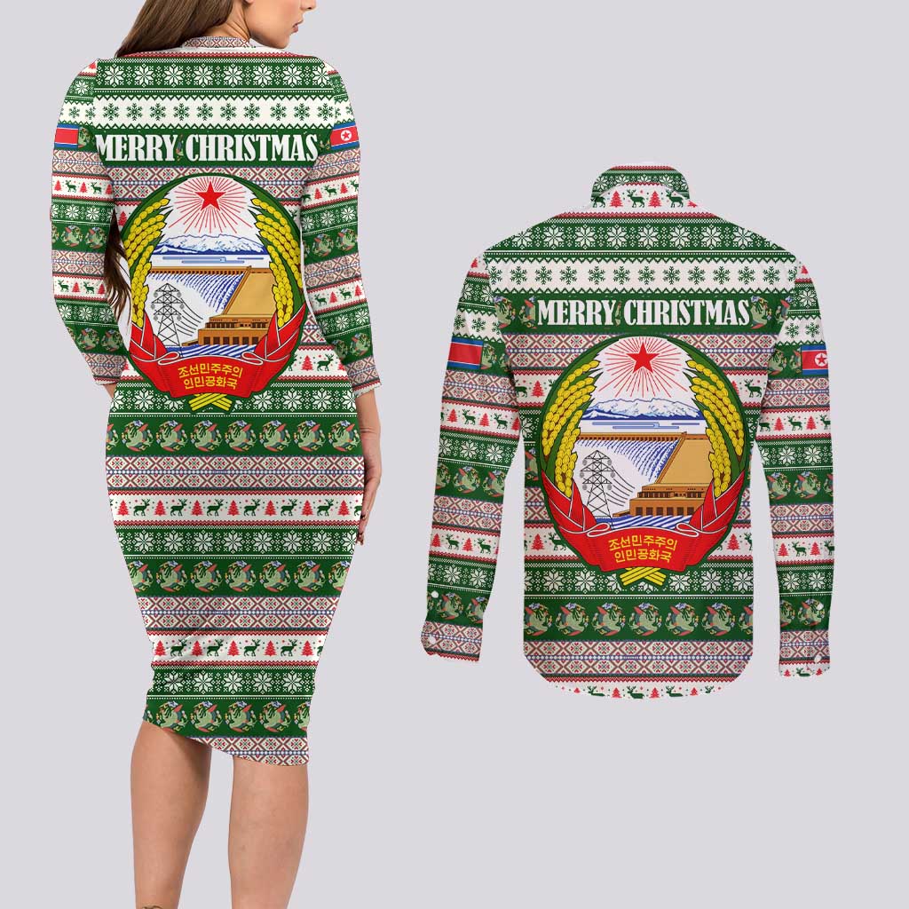 North Korea Christmas Couples Matching Long Sleeve Bodycon Dress and Long Sleeve Button Shirt with Green-Red Design, National Emblem, and Festive Snowflake Motif - Wonder Print Shop