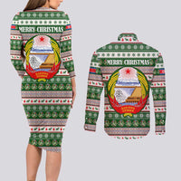 North Korea Christmas Couples Matching Long Sleeve Bodycon Dress and Long Sleeve Button Shirt with Green-Red Design, National Emblem, and Festive Snowflake Motif - Wonder Print Shop