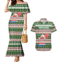 North Korea Christmas Couples Matching Mermaid Dress and Hawaiian Shirt with Green-Red Design, National Emblem, and Festive Snowflake Motif - Wonder Print Shop