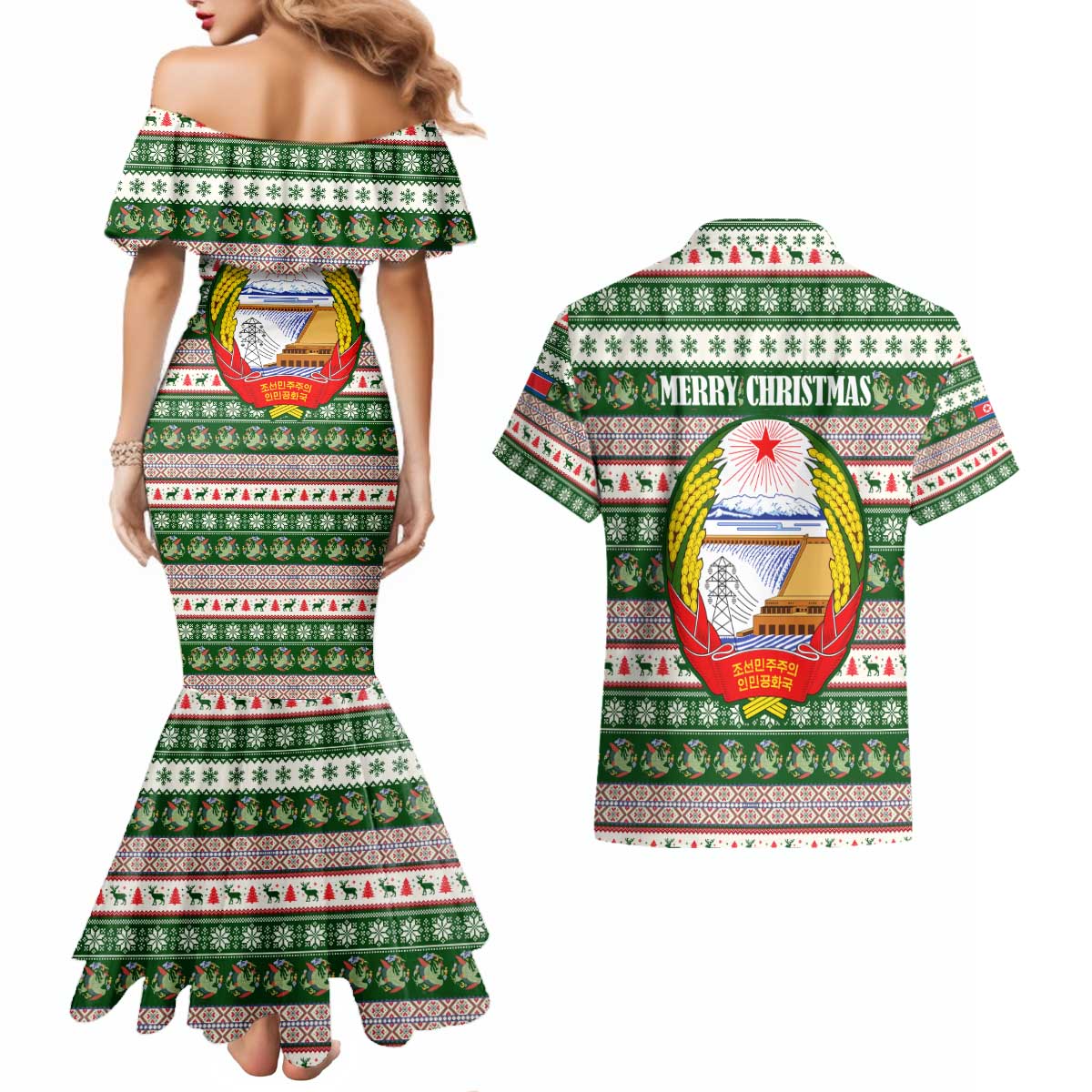North Korea Christmas Couples Matching Mermaid Dress and Hawaiian Shirt with Green-Red Design, National Emblem, and Festive Snowflake Motif - Wonder Print Shop