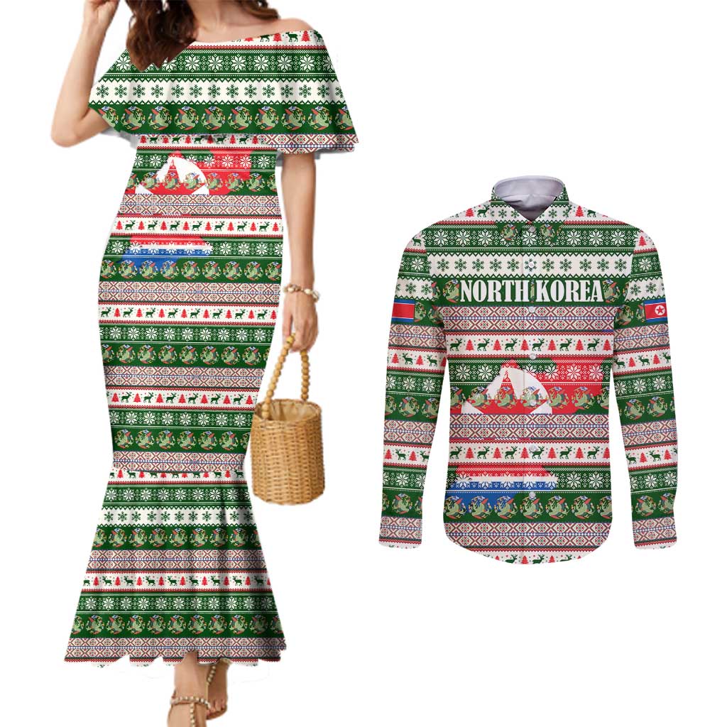 North Korea Christmas Couples Matching Mermaid Dress and Long Sleeve Button Shirt with Green-Red Design, National Emblem, and Festive Snowflake Motif - Wonder Print Shop