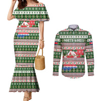 North Korea Christmas Couples Matching Mermaid Dress and Long Sleeve Button Shirt with Green-Red Design, National Emblem, and Festive Snowflake Motif - Wonder Print Shop