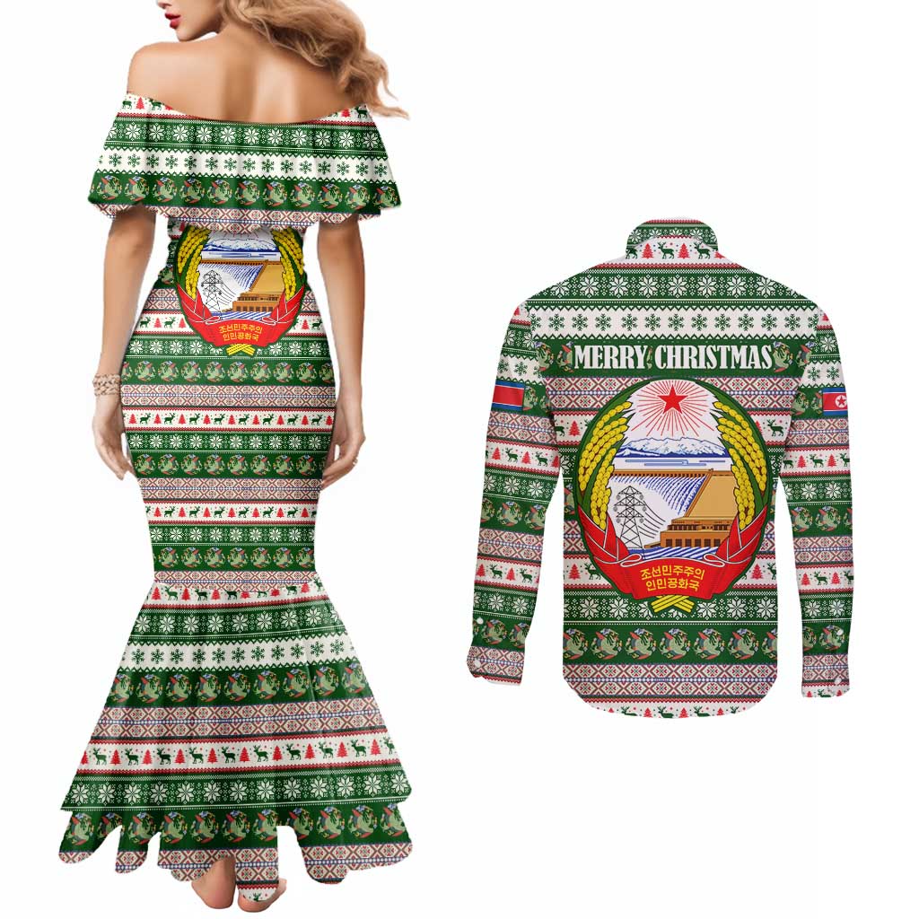 North Korea Christmas Couples Matching Mermaid Dress and Long Sleeve Button Shirt with Green-Red Design, National Emblem, and Festive Snowflake Motif - Wonder Print Shop