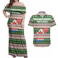 North Korea Christmas Couples Matching Off Shoulder Maxi Dress and Hawaiian Shirt with Green-Red Design, National Emblem, and Festive Snowflake Motif - Wonder Print Shop