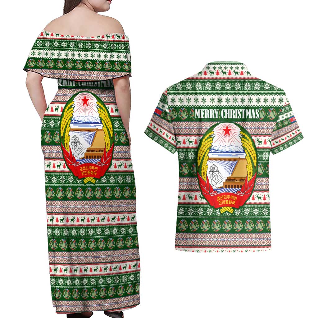 North Korea Christmas Couples Matching Off Shoulder Maxi Dress and Hawaiian Shirt with Green-Red Design, National Emblem, and Festive Snowflake Motif - Wonder Print Shop