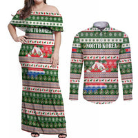 North Korea Christmas Couples Matching Off Shoulder Maxi Dress and Long Sleeve Button Shirt with Green-Red Design, National Emblem, and Festive Snowflake Motif - Wonder Print Shop