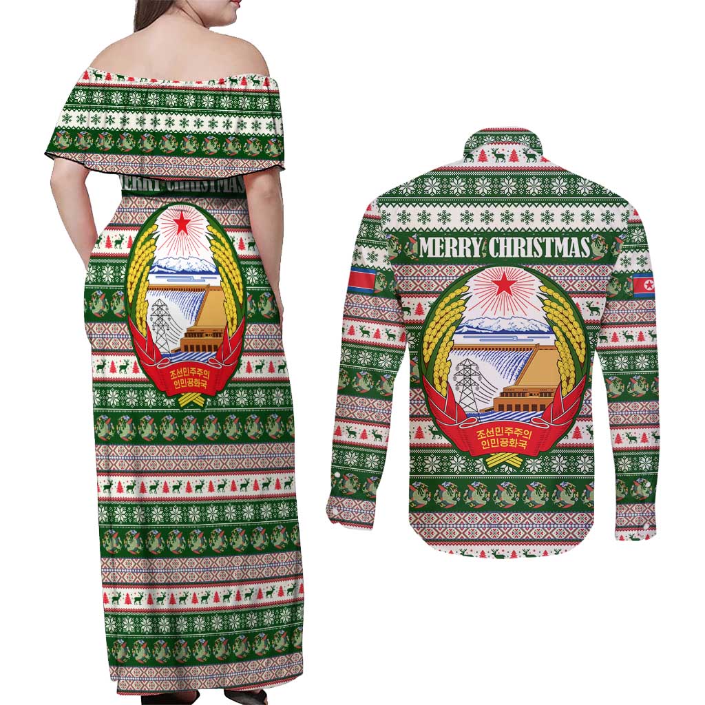 North Korea Christmas Couples Matching Off Shoulder Maxi Dress and Long Sleeve Button Shirt with Green-Red Design, National Emblem, and Festive Snowflake Motif - Wonder Print Shop