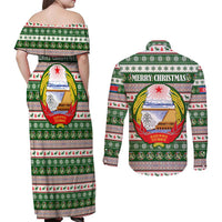 North Korea Christmas Couples Matching Off Shoulder Maxi Dress and Long Sleeve Button Shirt with Green-Red Design, National Emblem, and Festive Snowflake Motif - Wonder Print Shop