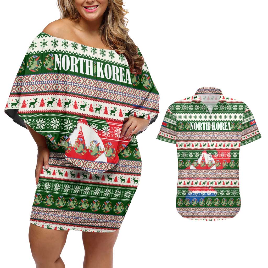 North Korea Christmas Couples Matching Off Shoulder Short Dress and Hawaiian Shirt with Green-Red Design, National Emblem, and Festive Snowflake Motif - Wonder Print Shop