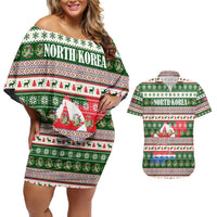North Korea Christmas Couples Matching Off Shoulder Short Dress and Hawaiian Shirt with Green-Red Design, National Emblem, and Festive Snowflake Motif - Wonder Print Shop