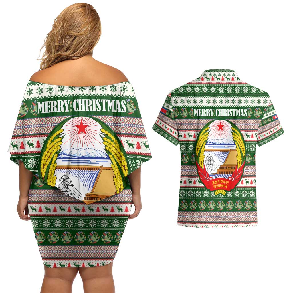North Korea Christmas Couples Matching Off Shoulder Short Dress and Hawaiian Shirt with Green-Red Design, National Emblem, and Festive Snowflake Motif - Wonder Print Shop