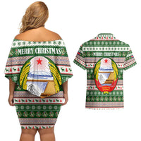North Korea Christmas Couples Matching Off Shoulder Short Dress and Hawaiian Shirt with Green-Red Design, National Emblem, and Festive Snowflake Motif - Wonder Print Shop