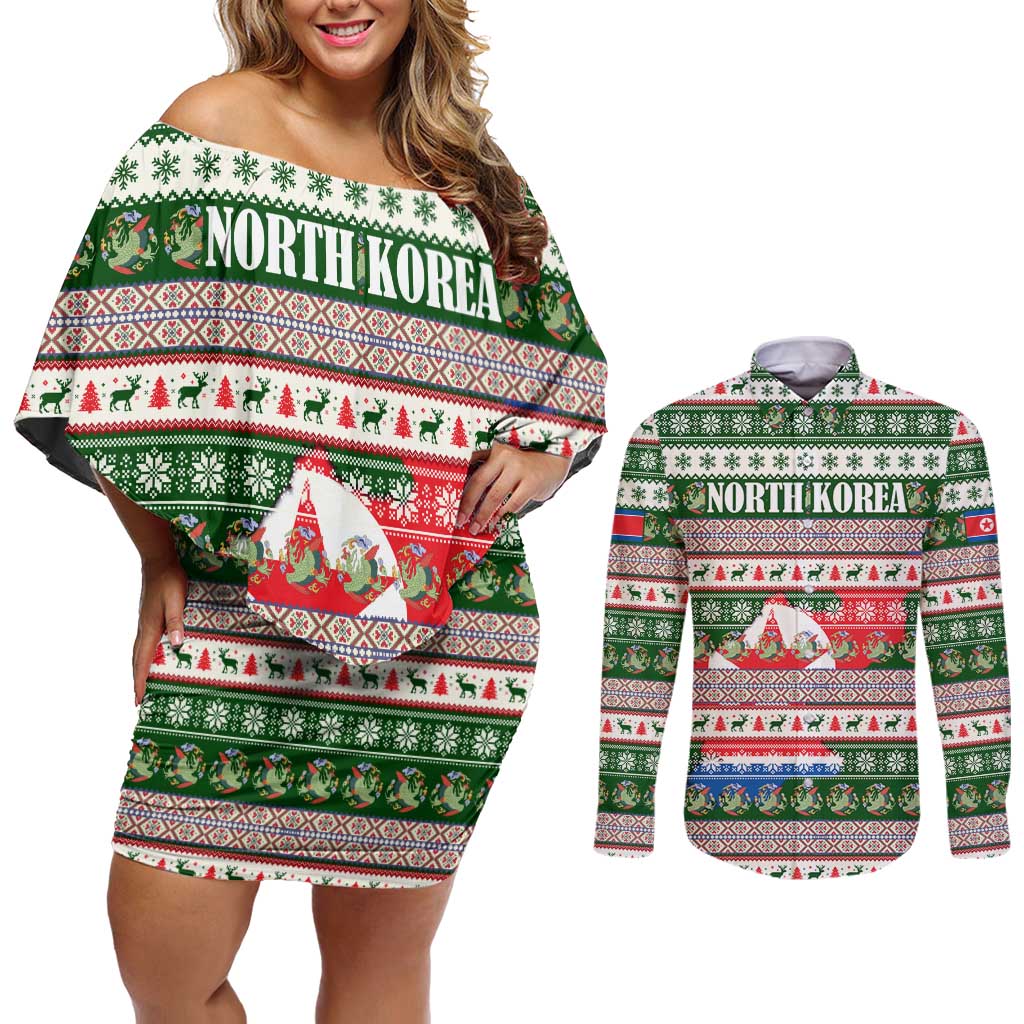 North Korea Christmas Couples Matching Off Shoulder Short Dress and Long Sleeve Button Shirt with Green-Red Design, National Emblem, and Festive Snowflake Motif - Wonder Print Shop