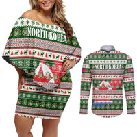 North Korea Christmas Couples Matching Off Shoulder Short Dress and Long Sleeve Button Shirt with Green-Red Design, National Emblem, and Festive Snowflake Motif - Wonder Print Shop
