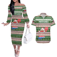 North Korea Christmas Couples Matching Off The Shoulder Long Sleeve Dress and Hawaiian Shirt with Green-Red Design, National Emblem, and Festive Snowflake Motif - Wonder Print Shop