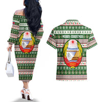 North Korea Christmas Couples Matching Off The Shoulder Long Sleeve Dress and Hawaiian Shirt with Green-Red Design, National Emblem, and Festive Snowflake Motif - Wonder Print Shop