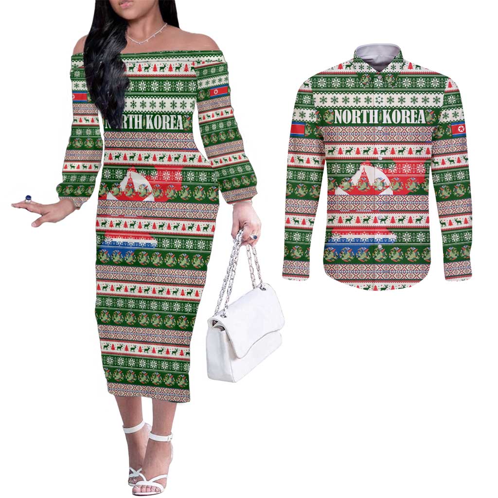 North Korea Christmas Couples Matching Off The Shoulder Long Sleeve Dress and Long Sleeve Button Shirt with Green-Red Design, National Emblem, and Festive Snowflake Motif - Wonder Print Shop