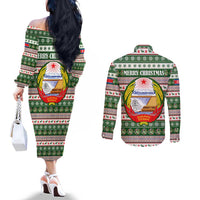 North Korea Christmas Couples Matching Off The Shoulder Long Sleeve Dress and Long Sleeve Button Shirt with Green-Red Design, National Emblem, and Festive Snowflake Motif - Wonder Print Shop