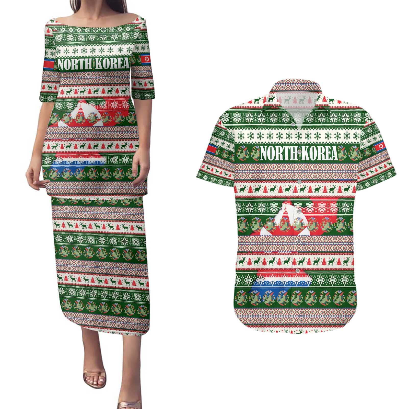 North Korea Christmas Couples Matching Puletasi and Hawaiian Shirt with Green-Red Design, National Emblem, and Festive Snowflake Motif - Wonder Print Shop