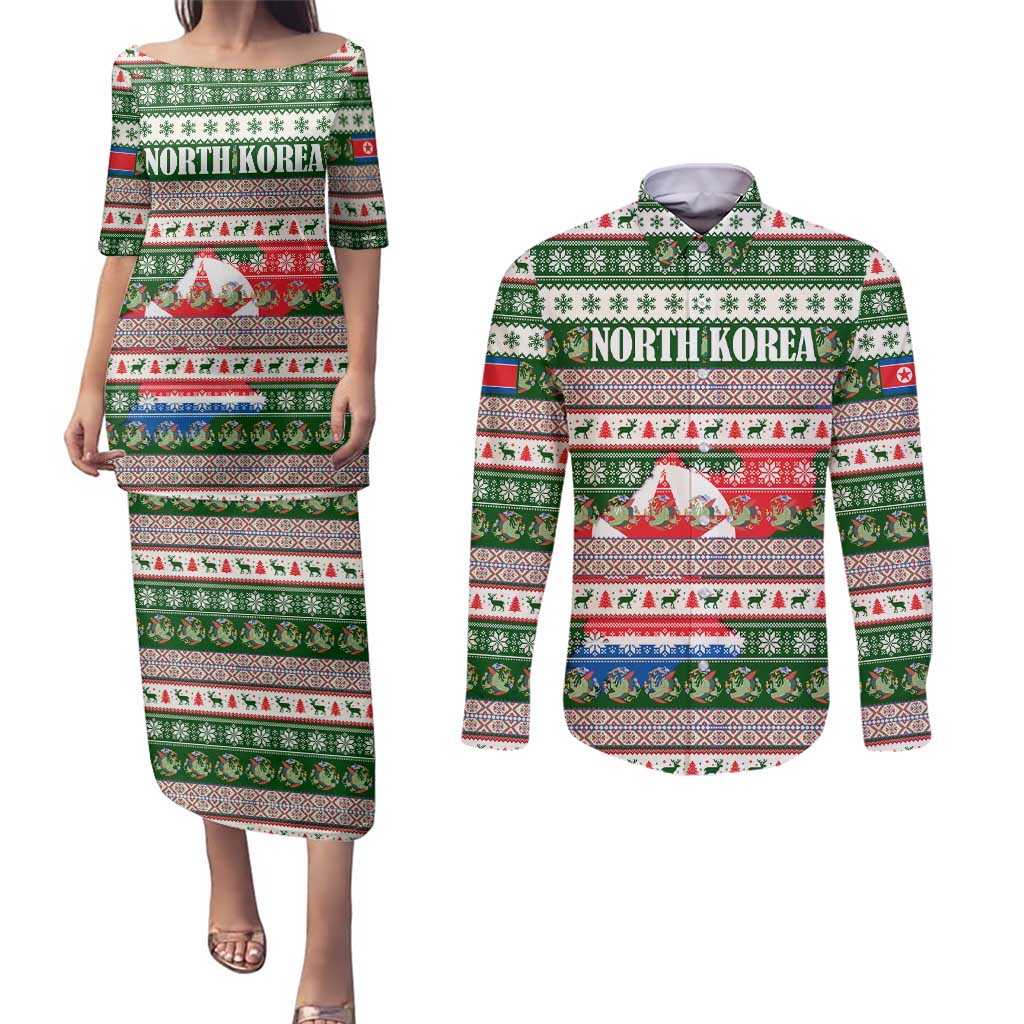 North Korea Christmas Couples Matching Puletasi and Long Sleeve Button Shirt with Green-Red Design, National Emblem, and Festive Snowflake Motif - Wonder Print Shop