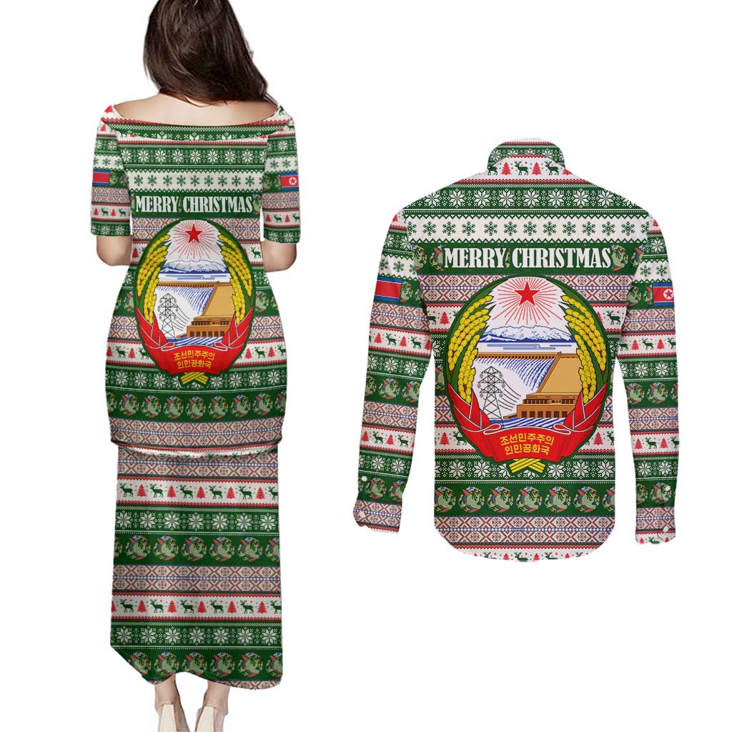 North Korea Christmas Couples Matching Puletasi and Long Sleeve Button Shirt with Green-Red Design, National Emblem, and Festive Snowflake Motif - Wonder Print Shop