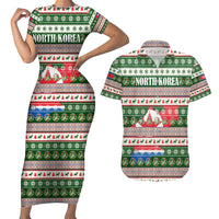North Korea Christmas Couples Matching Short Sleeve Bodycon Dress and Hawaiian Shirt with Green-Red Design, National Emblem, and Festive Snowflake Motif - Wonder Print Shop