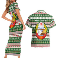 North Korea Christmas Couples Matching Short Sleeve Bodycon Dress and Hawaiian Shirt with Green-Red Design, National Emblem, and Festive Snowflake Motif - Wonder Print Shop