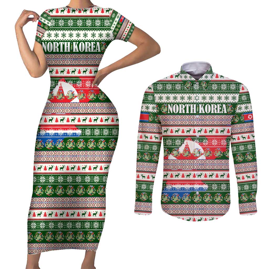North Korea Christmas Couples Matching Short Sleeve Bodycon Dress and Long Sleeve Button Shirt with Green-Red Design, National Emblem, and Festive Snowflake Motif - Wonder Print Shop