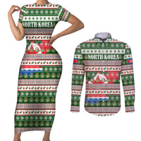 North Korea Christmas Couples Matching Short Sleeve Bodycon Dress and Long Sleeve Button Shirt with Green-Red Design, National Emblem, and Festive Snowflake Motif - Wonder Print Shop