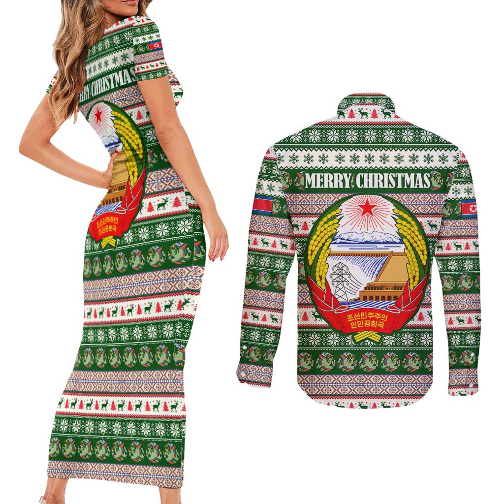 North Korea Christmas Couples Matching Short Sleeve Bodycon Dress and Long Sleeve Button Shirt with Green-Red Design, National Emblem, and Festive Snowflake Motif - Wonder Print Shop