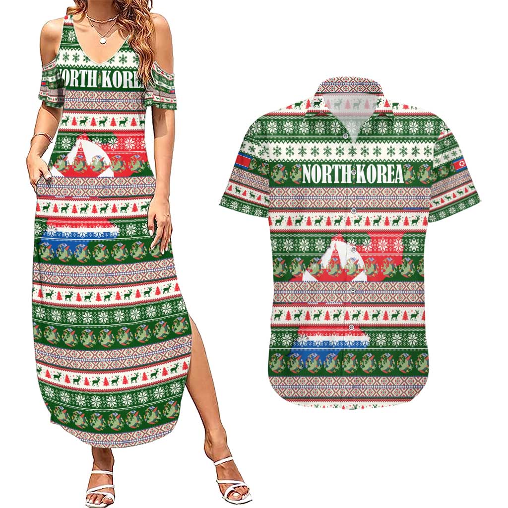 North Korea Christmas Couples Matching Summer Maxi Dress and Hawaiian Shirt with Green-Red Design, National Emblem, and Festive Snowflake Motif - Wonder Print Shop