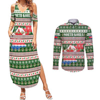 North Korea Christmas Couples Matching Summer Maxi Dress and Long Sleeve Button Shirt with Green-Red Design, National Emblem, and Festive Snowflake Motif - Wonder Print Shop