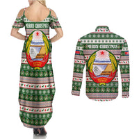 North Korea Christmas Couples Matching Summer Maxi Dress and Long Sleeve Button Shirt with Green-Red Design, National Emblem, and Festive Snowflake Motif - Wonder Print Shop
