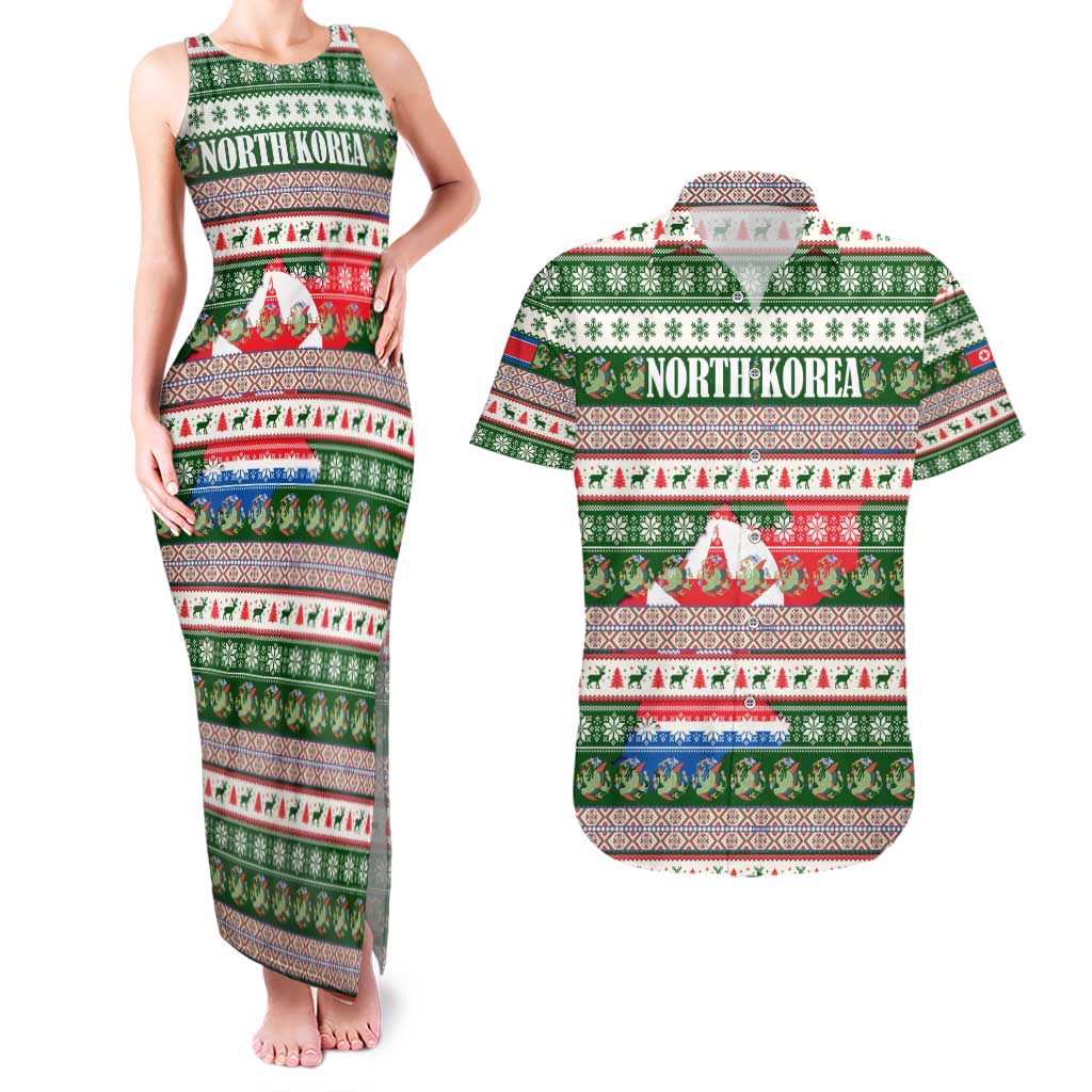 North Korea Christmas Couples Matching Tank Maxi Dress and Hawaiian Shirt with Green-Red Design, National Emblem, and Festive Snowflake Motif - Wonder Print Shop