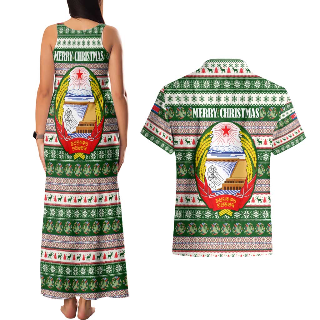 North Korea Christmas Couples Matching Tank Maxi Dress and Hawaiian Shirt with Green-Red Design, National Emblem, and Festive Snowflake Motif - Wonder Print Shop