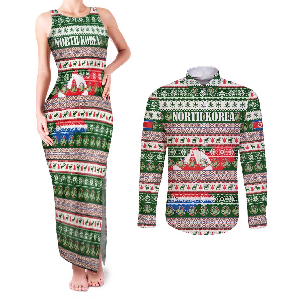 North Korea Christmas Couples Matching Tank Maxi Dress and Long Sleeve Button Shirt with Green-Red Design, National Emblem, and Festive Snowflake Motif - Wonder Print Shop