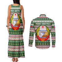 North Korea Christmas Couples Matching Tank Maxi Dress and Long Sleeve Button Shirt with Green-Red Design, National Emblem, and Festive Snowflake Motif - Wonder Print Shop