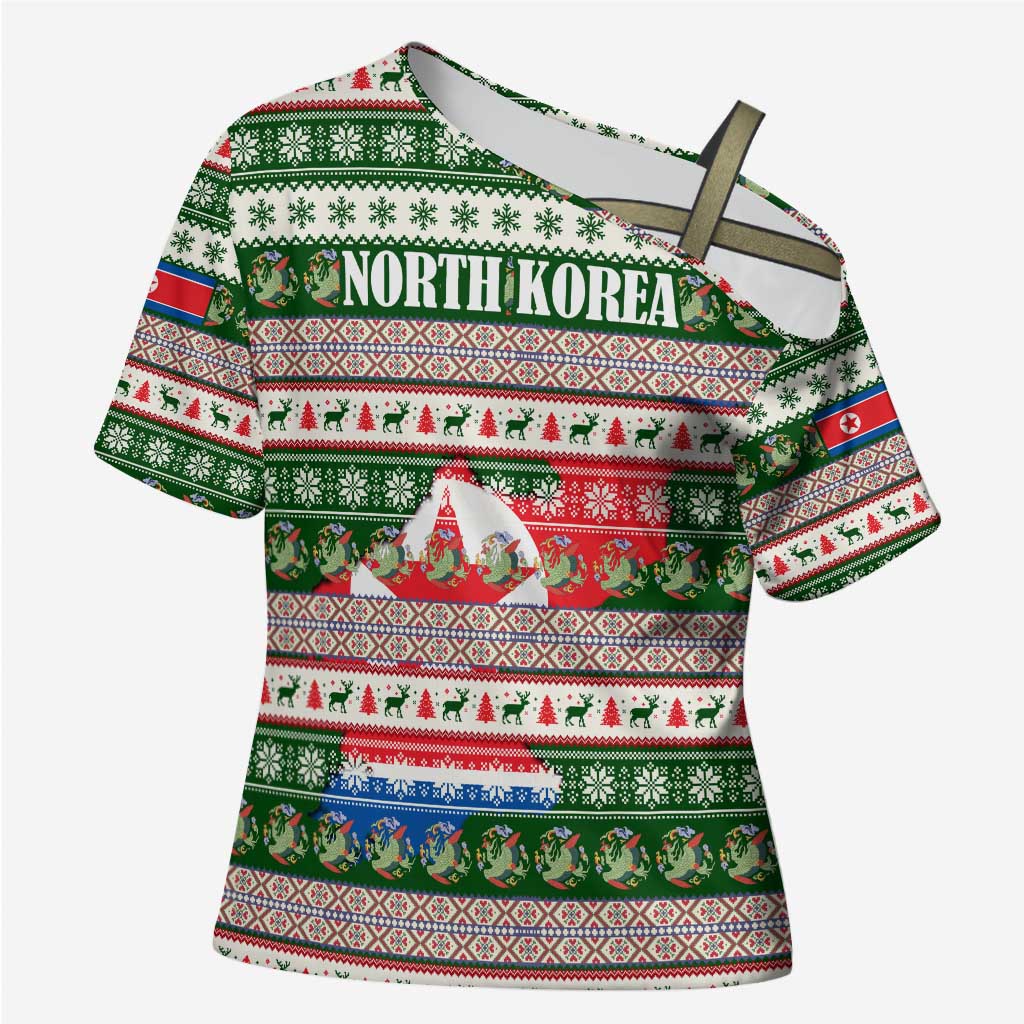 North Korea Christmas Cross Shoulder Shirt with Green-Red Design, National Emblem, and Festive Snowflake Motif - Wonder Print Shop