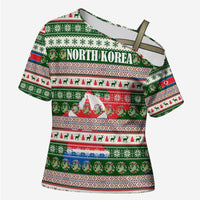 North Korea Christmas Cross Shoulder Shirt with Green-Red Design, National Emblem, and Festive Snowflake Motif - Wonder Print Shop