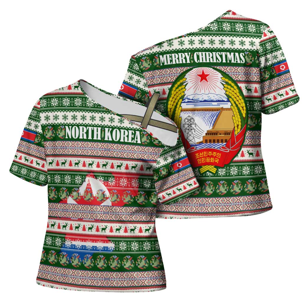 North Korea Christmas Cross Shoulder Shirt with Green-Red Design, National Emblem, and Festive Snowflake Motif - Wonder Print Shop