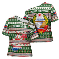 North Korea Christmas Cross Shoulder Shirt with Green-Red Design, National Emblem, and Festive Snowflake Motif - Wonder Print Shop