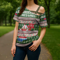 North Korea Christmas Cross Shoulder Shirt with Green-Red Design, National Emblem, and Festive Snowflake Motif - Wonder Print Shop