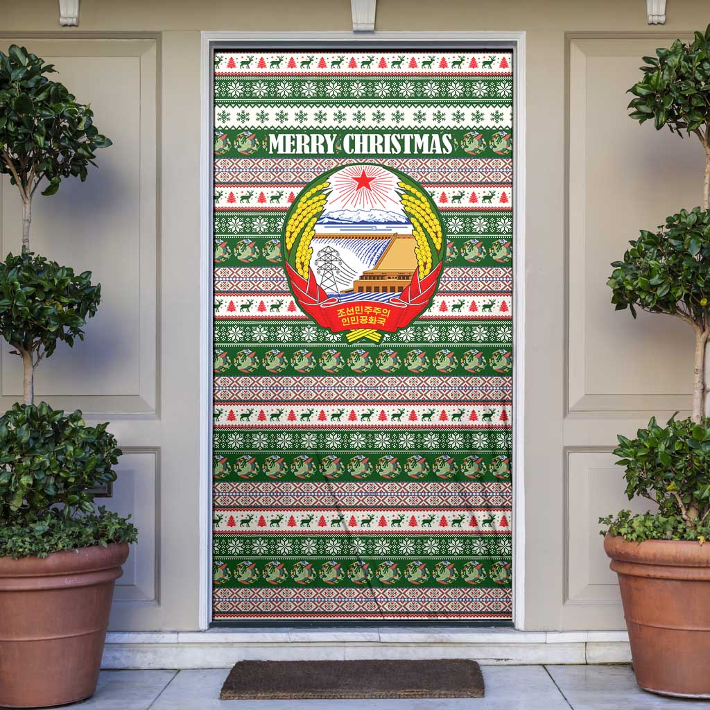 North Korea Christmas Door Cover with Green-Red Design, National Emblem, and Festive Snowflake Motif - Wonder Print Shop