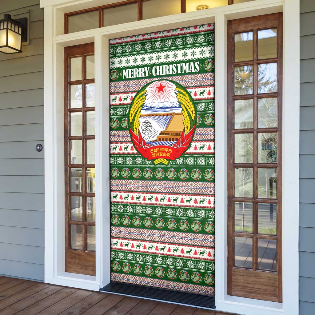 North Korea Christmas Door Cover with Green-Red Design, National Emblem, and Festive Snowflake Motif - Wonder Print Shop