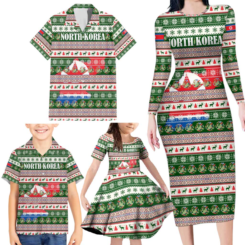 North Korea Christmas Family Matching Long Sleeve Bodycon Dress and Hawaiian Shirt with Green-Red Design, National Emblem, and Festive Snowflake Motif - Wonder Print Shop