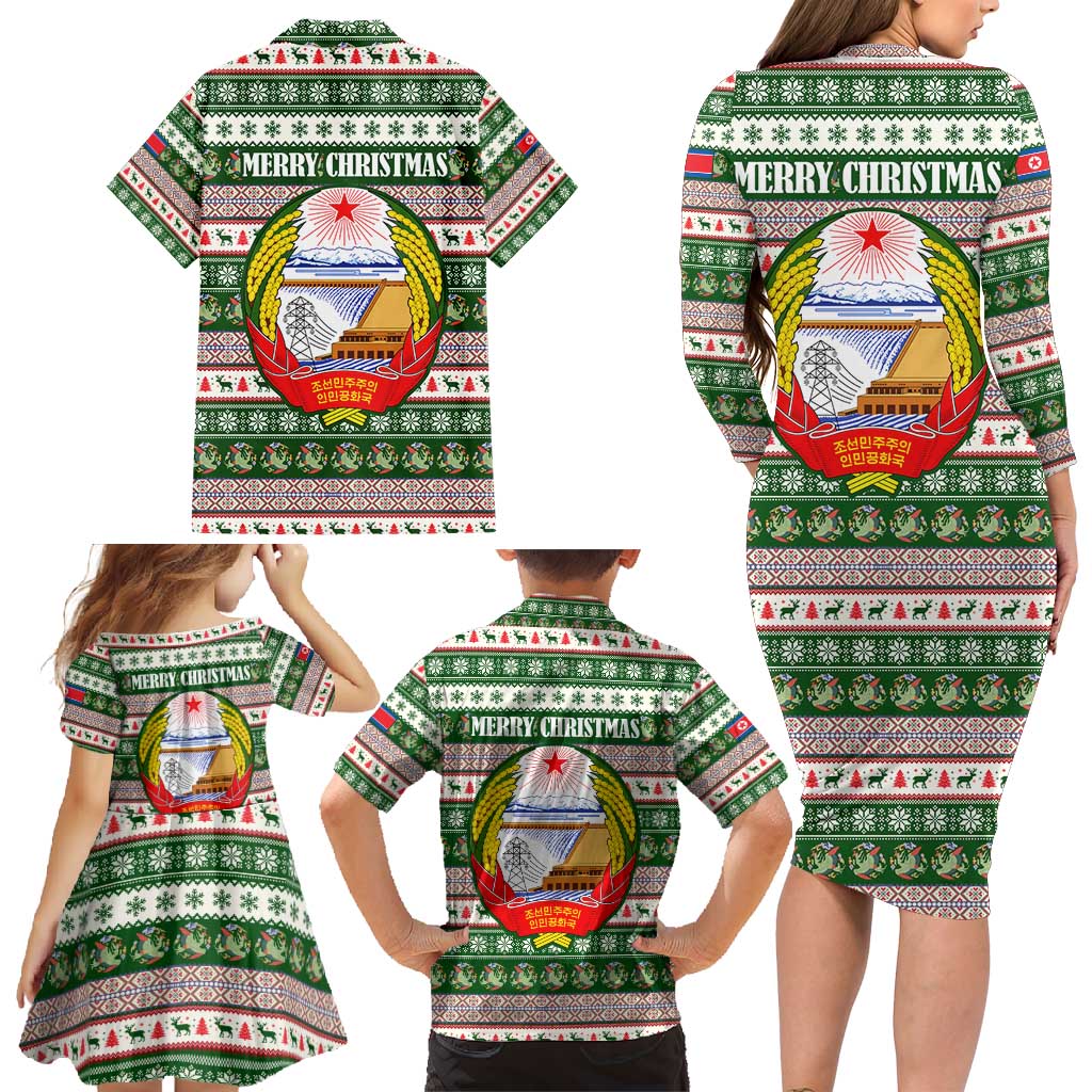 North Korea Christmas Family Matching Long Sleeve Bodycon Dress and Hawaiian Shirt with Green-Red Design, National Emblem, and Festive Snowflake Motif - Wonder Print Shop
