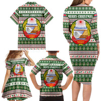 North Korea Christmas Family Matching Long Sleeve Bodycon Dress and Hawaiian Shirt with Green-Red Design, National Emblem, and Festive Snowflake Motif - Wonder Print Shop