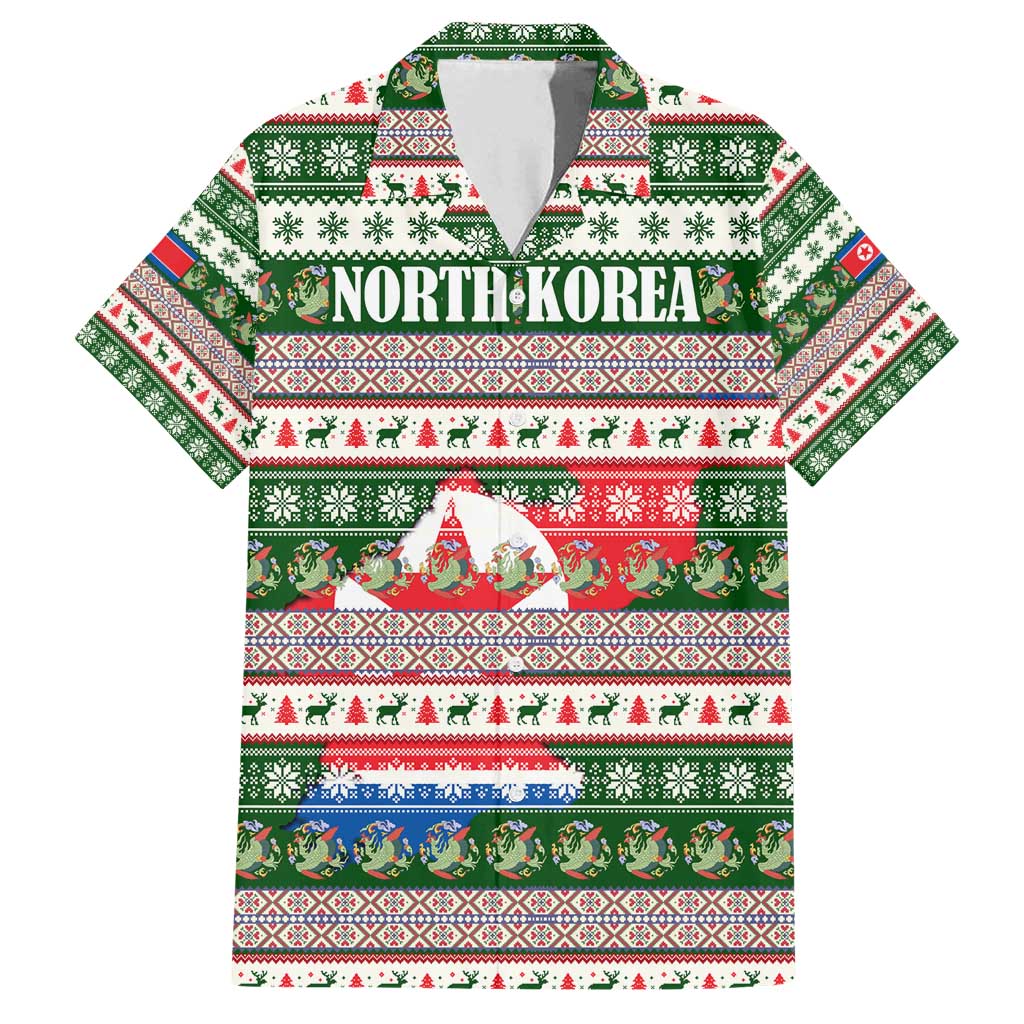 North Korea Christmas Family Matching Long Sleeve Bodycon Dress and Hawaiian Shirt with Green-Red Design, National Emblem, and Festive Snowflake Motif - Wonder Print Shop