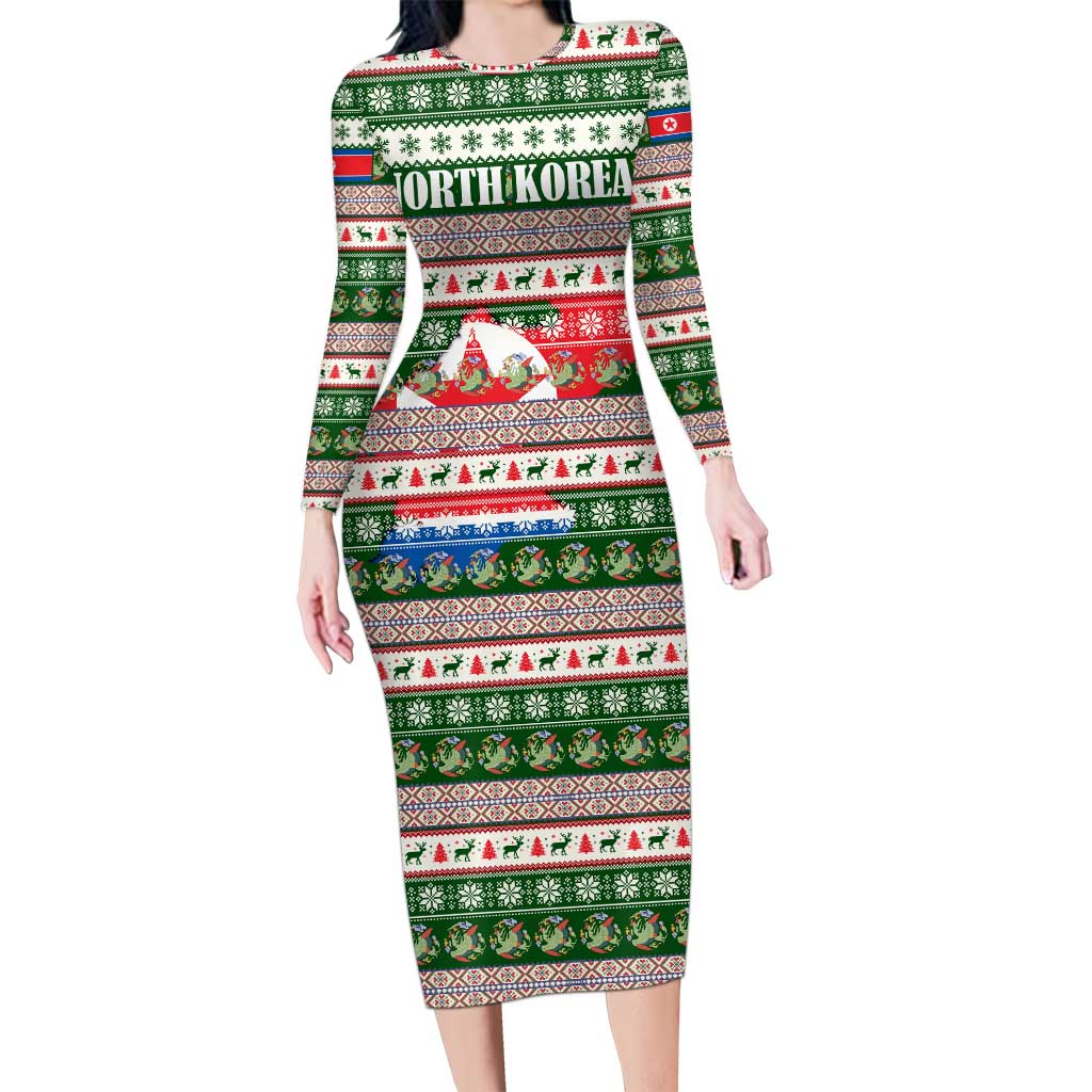 North Korea Christmas Family Matching Long Sleeve Bodycon Dress and Hawaiian Shirt with Green-Red Design, National Emblem, and Festive Snowflake Motif - Wonder Print Shop
