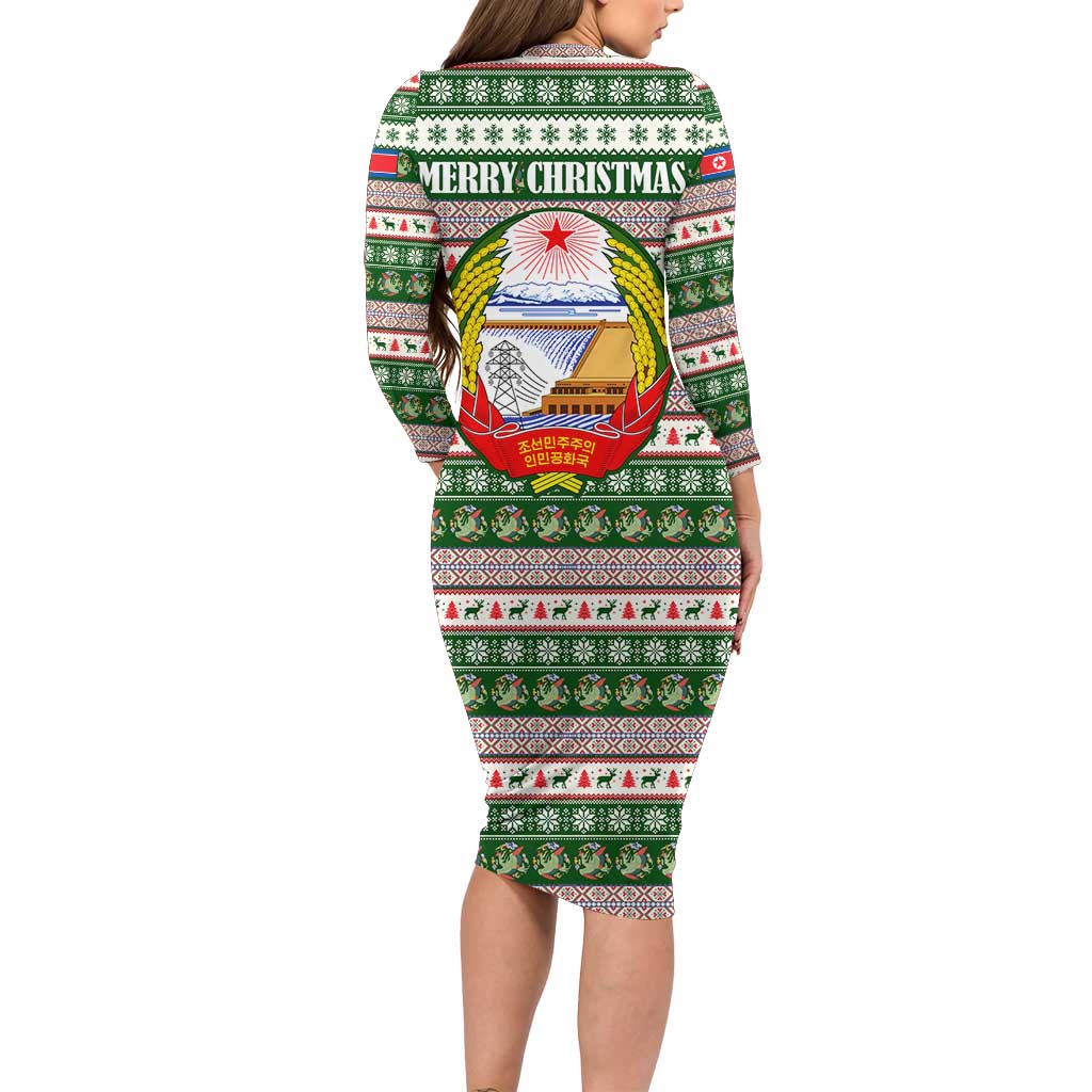 North Korea Christmas Family Matching Long Sleeve Bodycon Dress and Hawaiian Shirt with Green-Red Design, National Emblem, and Festive Snowflake Motif - Wonder Print Shop